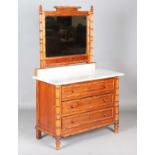A late 19th century French pitch pine and faux bamboo dressing chest with mirror back and marble