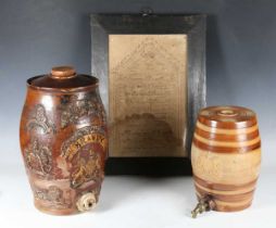 A Victorian stoneware 'Brandy' barrel with sprigged decoration, height 40cm, together with another