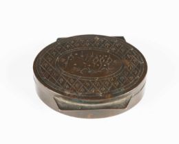 A 19th century copper oval snuff box, the hinged lid inscribed 'F. Wood', width 7cm.