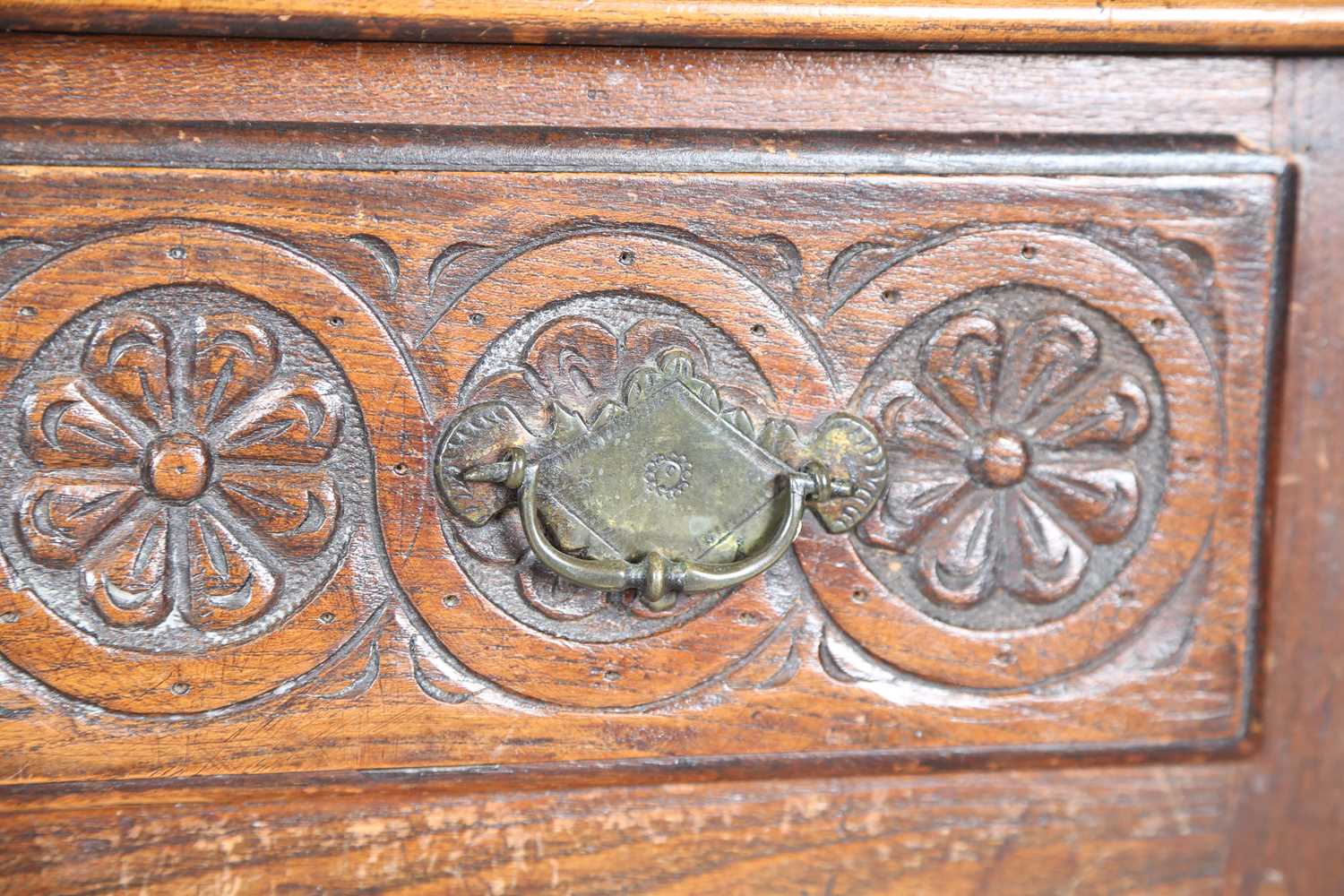 An 18th century elm side table, the single drawer later carved with flowerheads, height 70cm, - Image 6 of 14