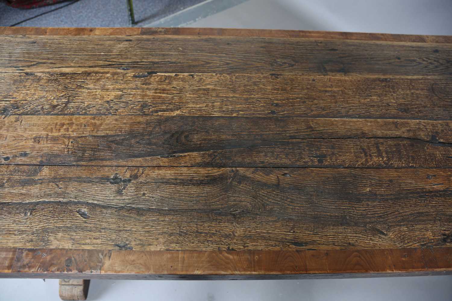 A 17th century style oak refectory table, the top with a walnut crossbanded border, height 74cm, - Image 3 of 17