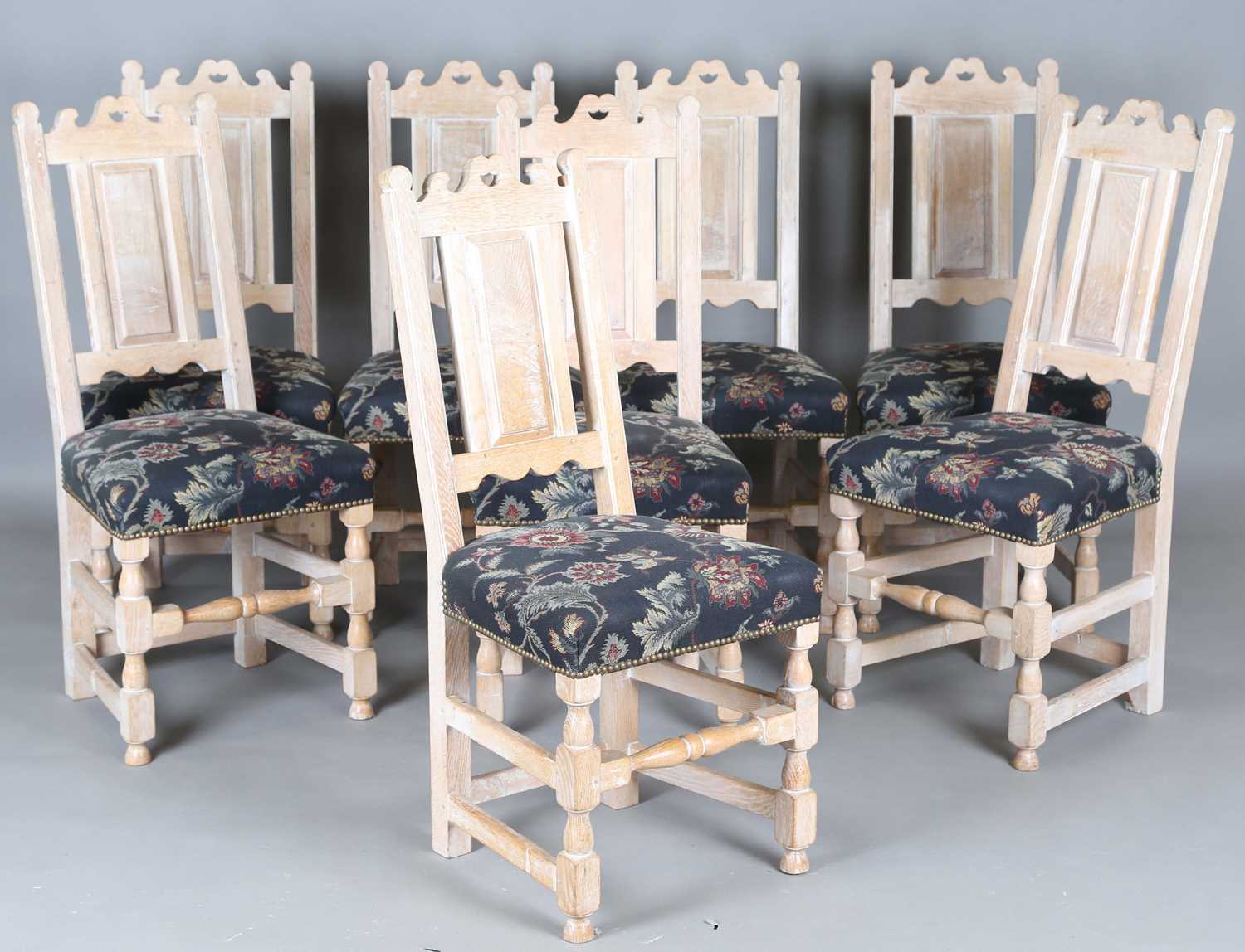 A set of ten late 20th century limed oak panel back dining chairs with overstuffed seats, comprising - Image 15 of 35