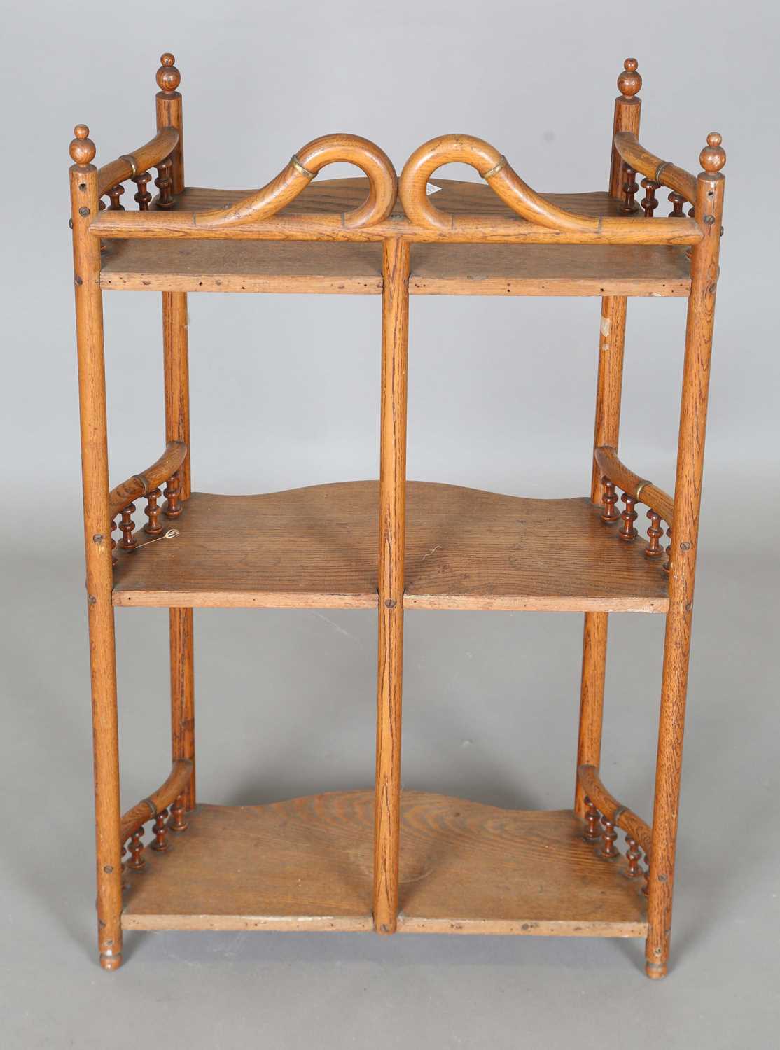 An early 20th century ash and bentwood three-tier wall shelf with applied gilt metal mounts, - Image 6 of 7