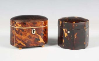 A small 19th century tortoiseshell tea caddy with lidded interior and turned vegetable ivory feet,