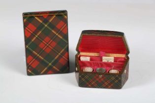 A 19th century Tartan ware 'McBeth' pattern needlework case, the hinged lid enclosing a thimble