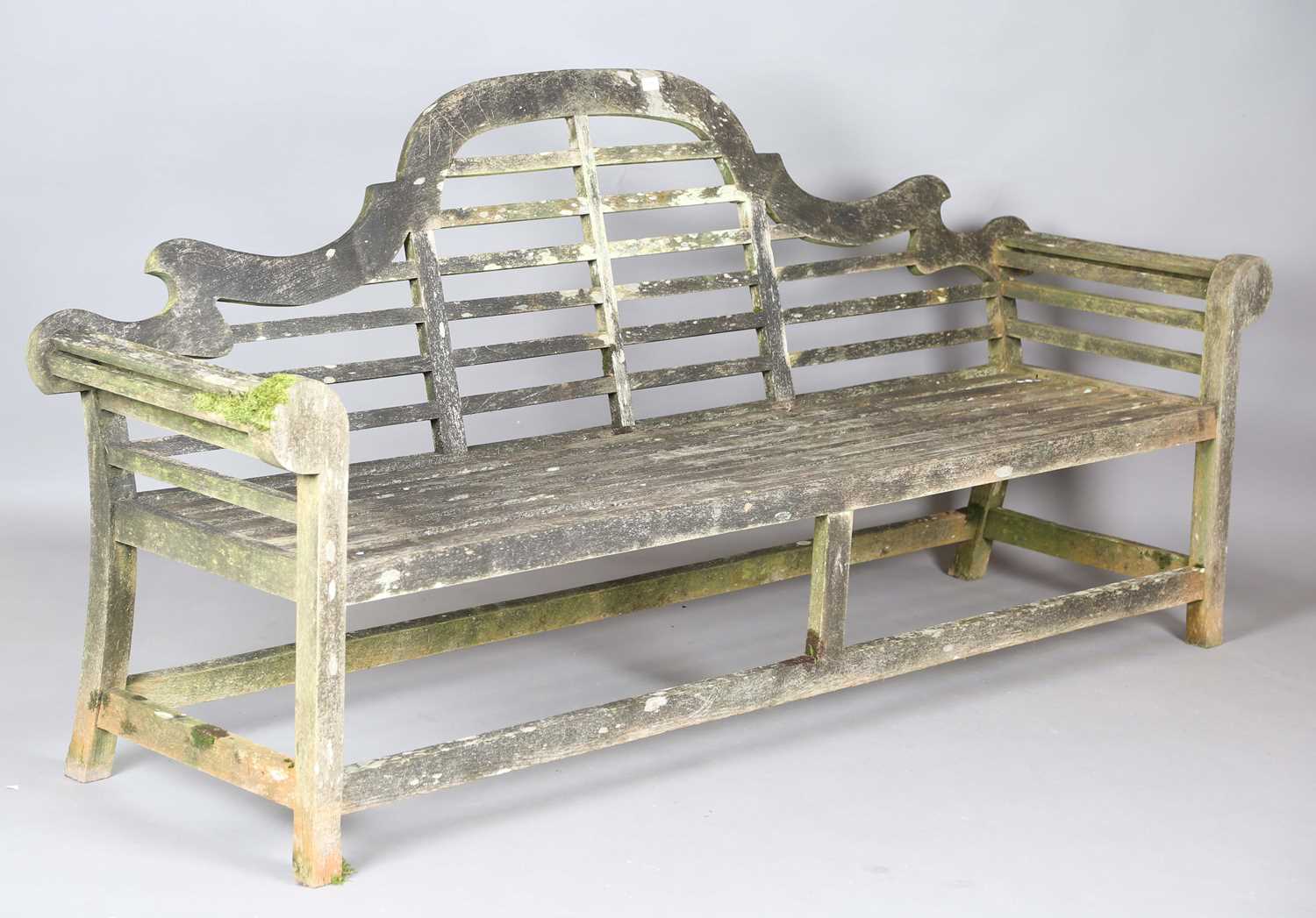 A large late 20th century Lutyens design wooden slatted garden bench, height 104cm, width 227cm,