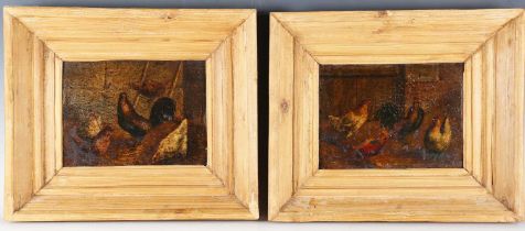 A pair of 20th century primitive oils on board depicting groups of chickens, both within wide