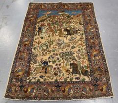 A Tabriz pictorial prayer rug, Central Persia, late 20th century, the mountainous hunting scene