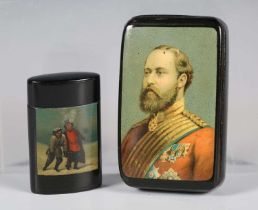 A 19th century Russian papier-mâché vesta case of oval form, one side painted with two men, length