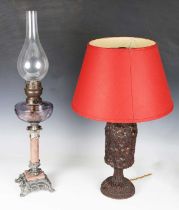 An early 20th century cast spelter and marble table oil lamp with cut glass reservoir, height to