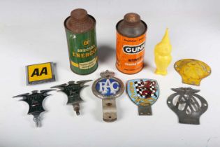 A small group of automobilia, including a BARC enamelled car badge, two Sunbeam Talbot Owners'