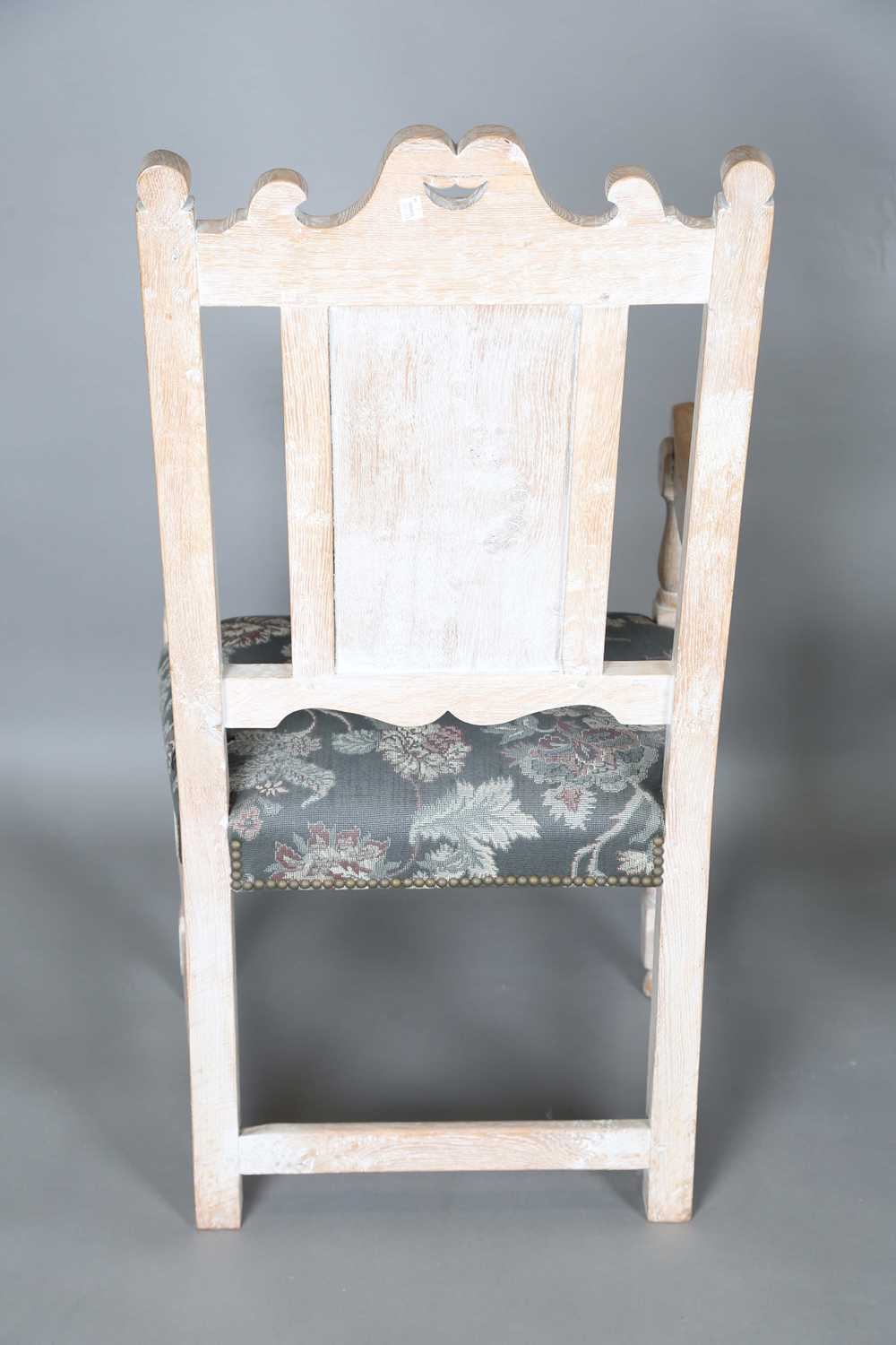 A set of ten late 20th century limed oak panel back dining chairs with overstuffed seats, comprising - Image 11 of 35