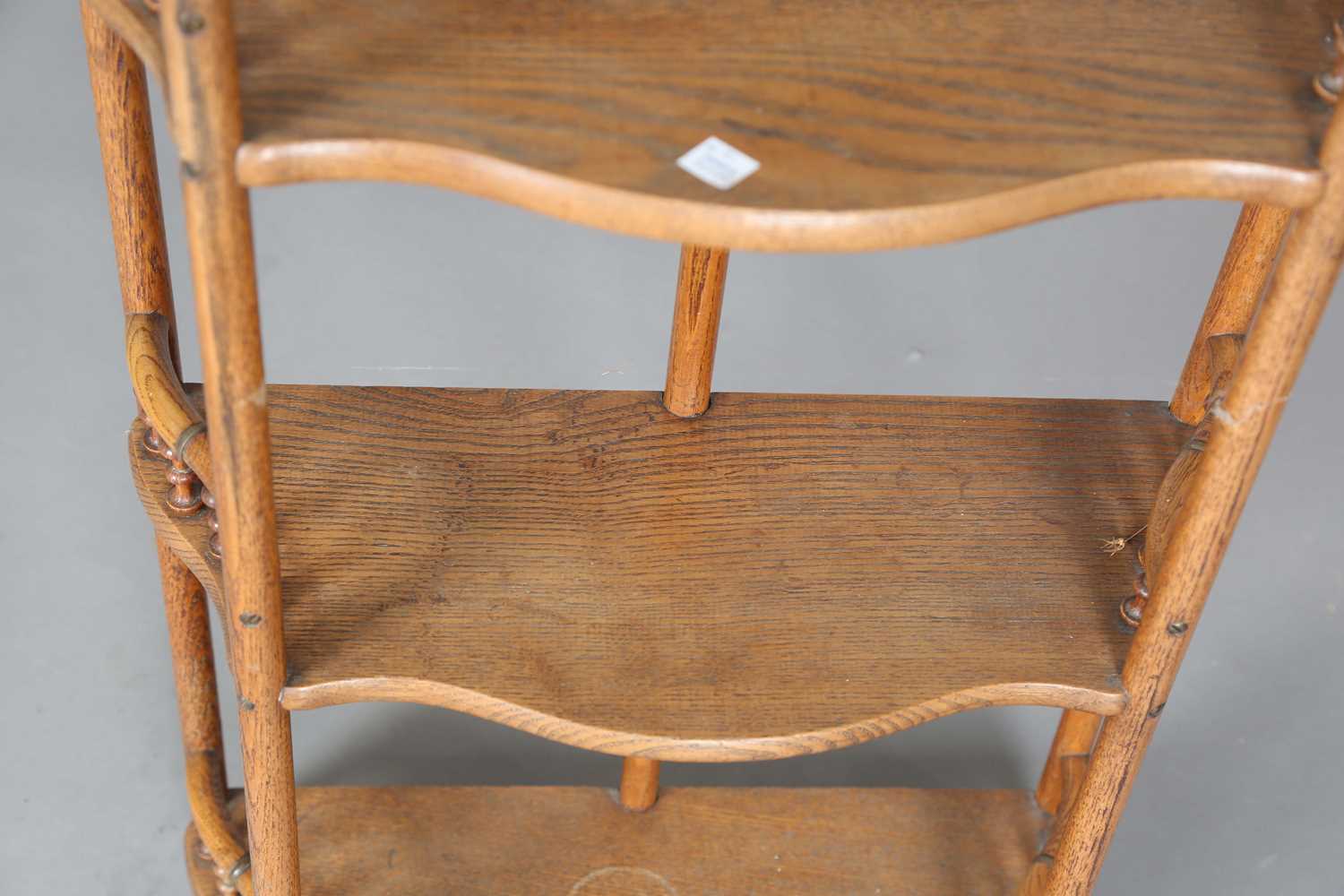 An early 20th century ash and bentwood three-tier wall shelf with applied gilt metal mounts, - Image 3 of 7