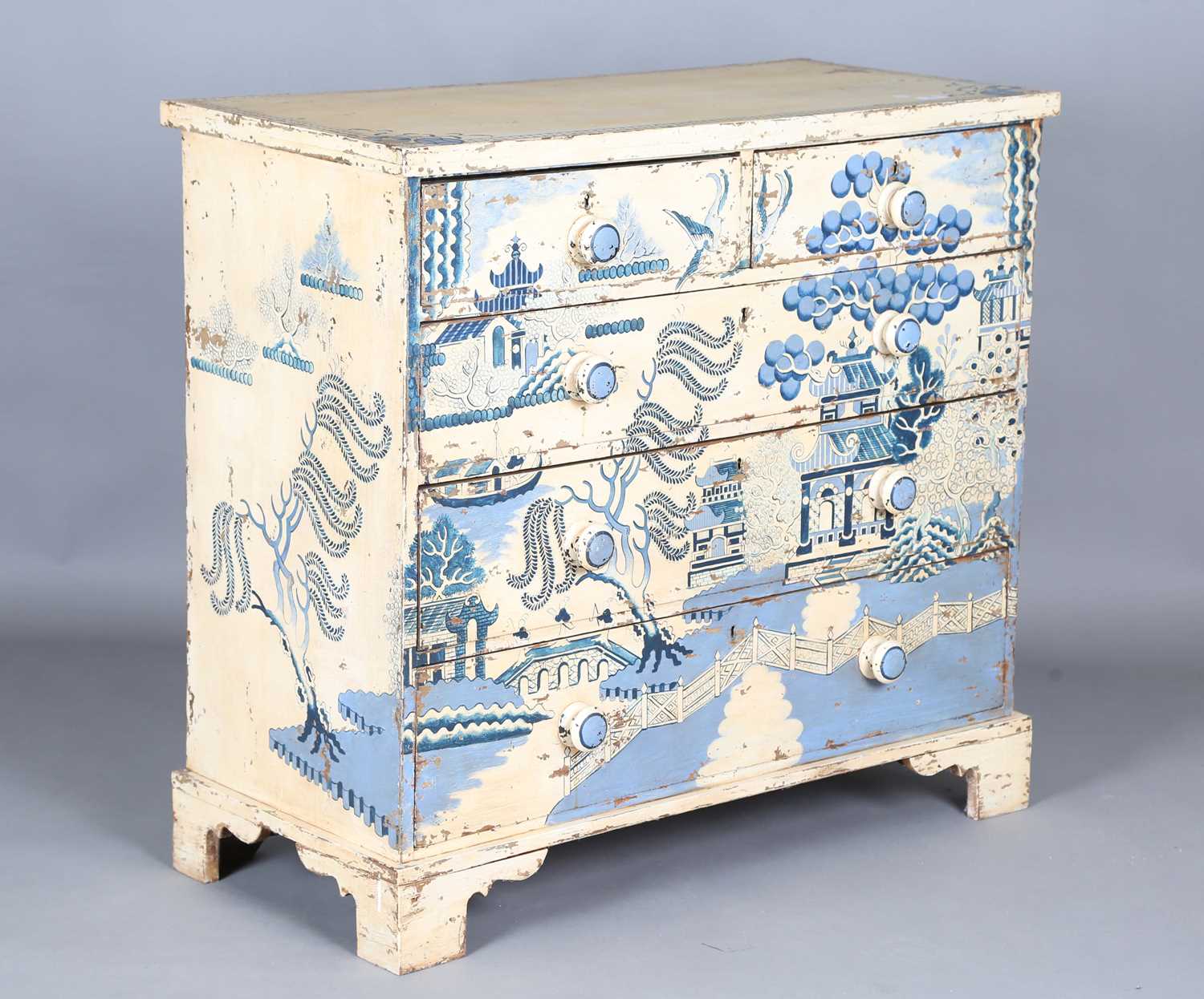 A Victorian pine chest of drawers, painted to imitate the blue and white Willow pattern, height