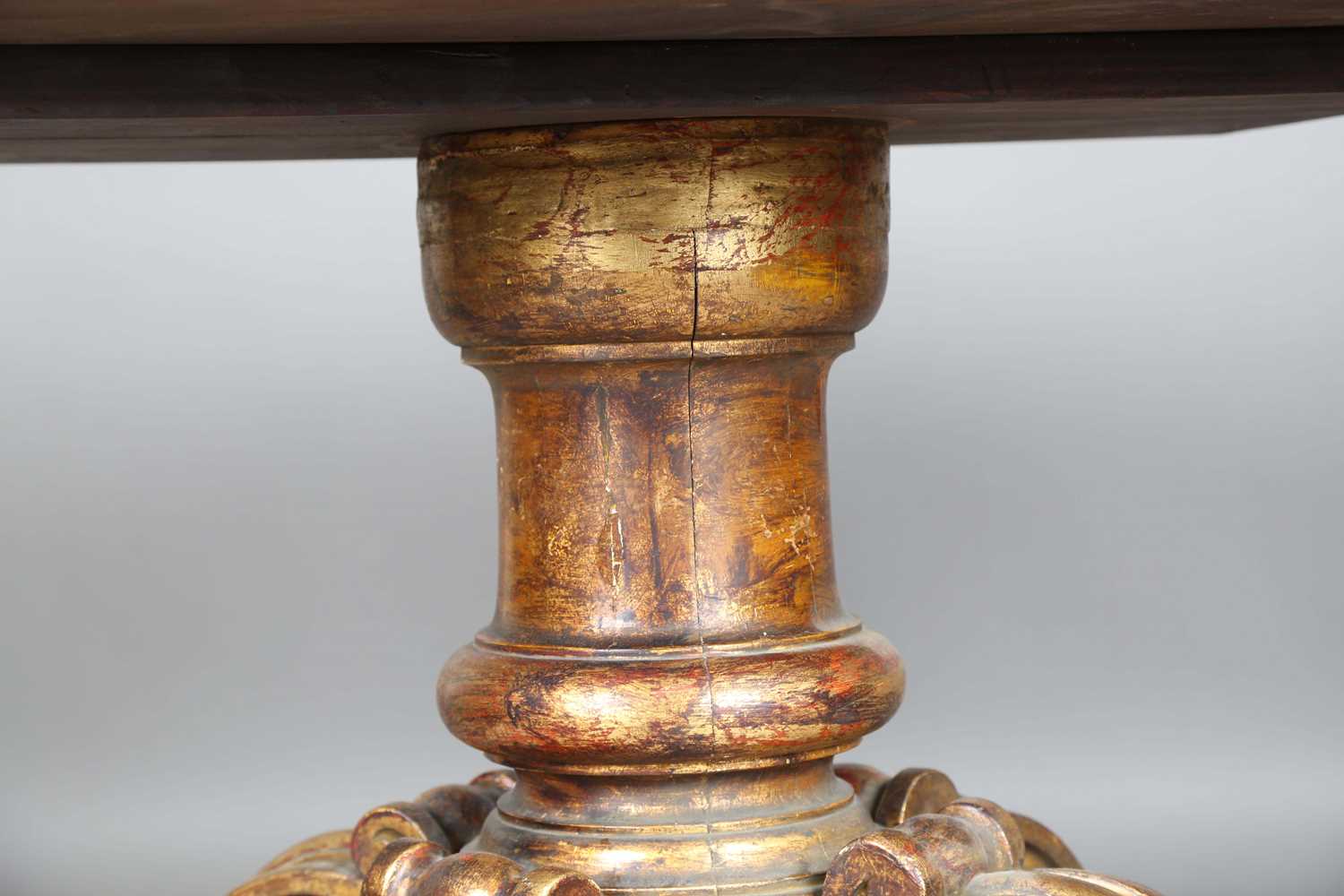 A 19th century giltwood table base with a later removable top, the base carved with scrolling legs - Image 6 of 10