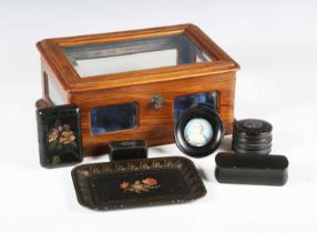 A late Victorian walnut table top bijouterie box, width 27cm, and a small group of papier-mâché