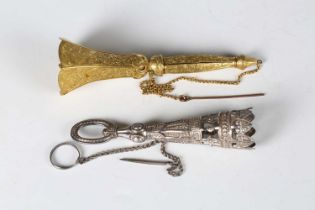 A 19th century engraved gilt metal posy holder with a folding tripod base, length 13.5cm, together