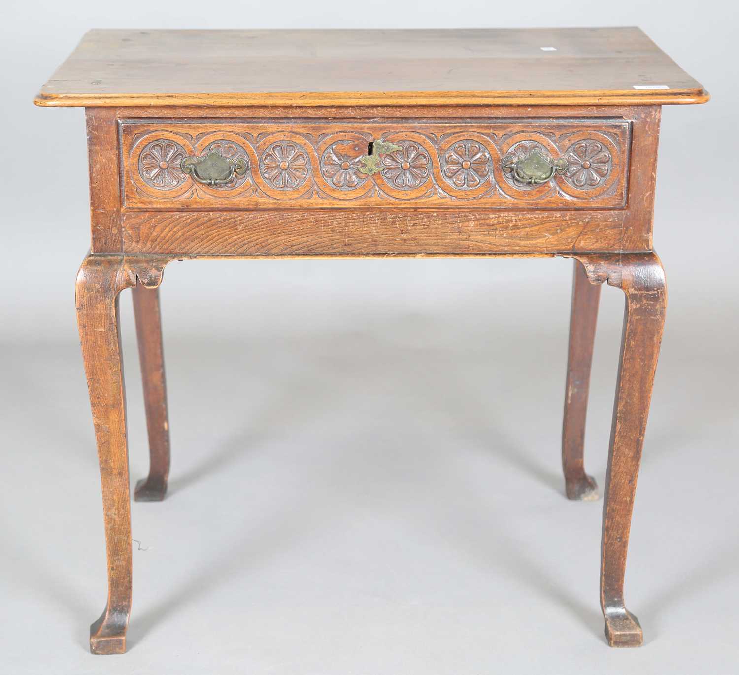 An 18th century elm side table, the single drawer later carved with flowerheads, height 70cm, - Image 4 of 14