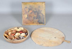 A 19th century wooden circular dairy bowl, diameter 43cm, a 19th century pine bread board and a