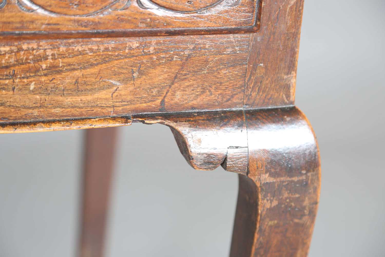 An 18th century elm side table, the single drawer later carved with flowerheads, height 70cm, - Image 7 of 14