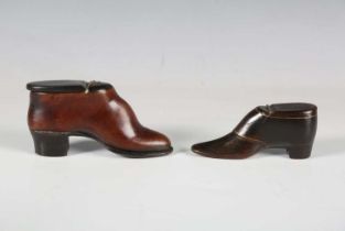 Two 19th century snuff shoes, one finely modelled in polished brown leather and mounted with