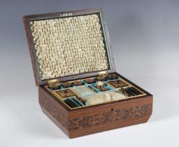 A late 19th century Tunbridge ware needlework box, the hinged lid with a central mosaic butterfly