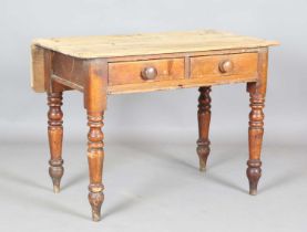 A Victorian pine single drop-flap side table, fitted with two drawers, on turned legs, height