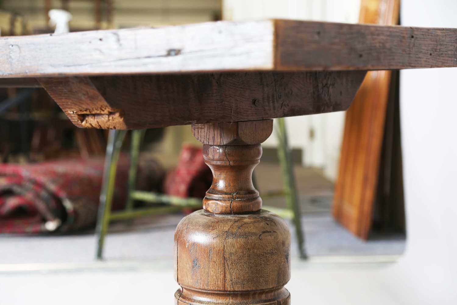 A 17th century style oak refectory table, the top with a walnut crossbanded border, height 74cm, - Image 15 of 17