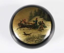 A 19th century Russian papier-mâché circular box and cover of bun form, the removable lid finely