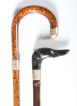 A late 19th century bamboo walking stick with a carved hardwood dog's head handle, length 93cm,