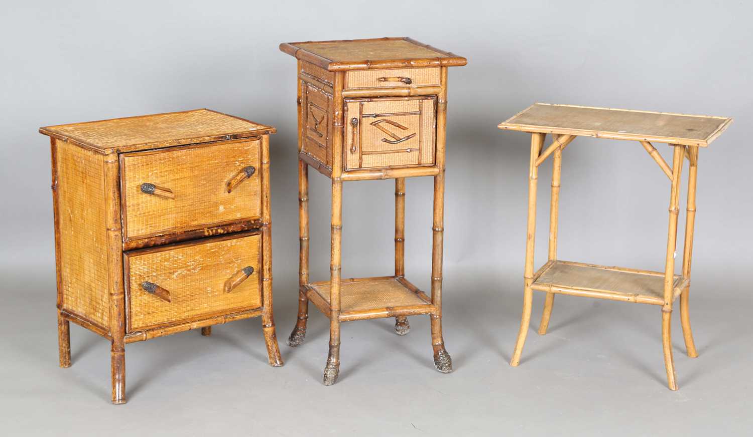 A late 19th century French bamboo and woven rattan bedside cabinet, height 88cm, width 38cm,