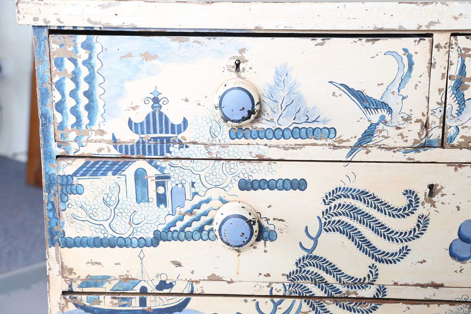 A Victorian pine chest of drawers, painted to imitate the blue and white Willow pattern, height - Image 6 of 13