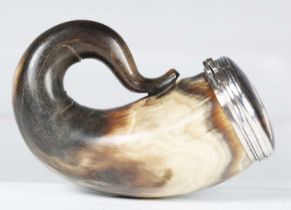 A 19th century Scottish horn and white metal mounted snuff mull, the typically curved form fitted