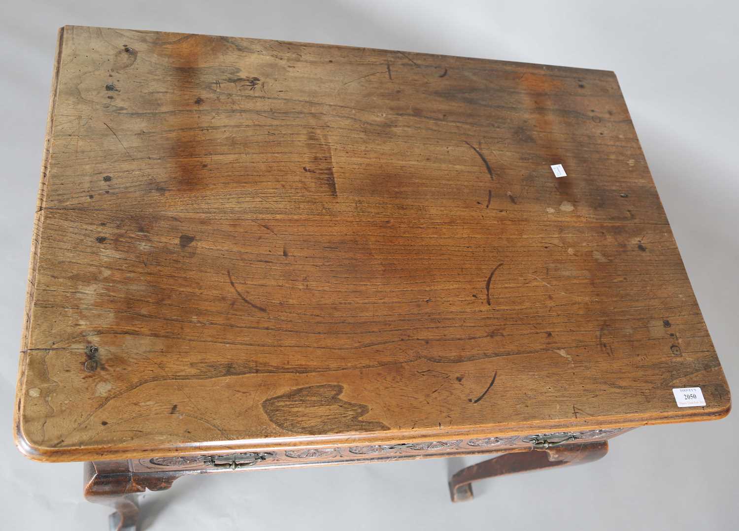 An 18th century elm side table, the single drawer later carved with flowerheads, height 70cm, - Image 2 of 14