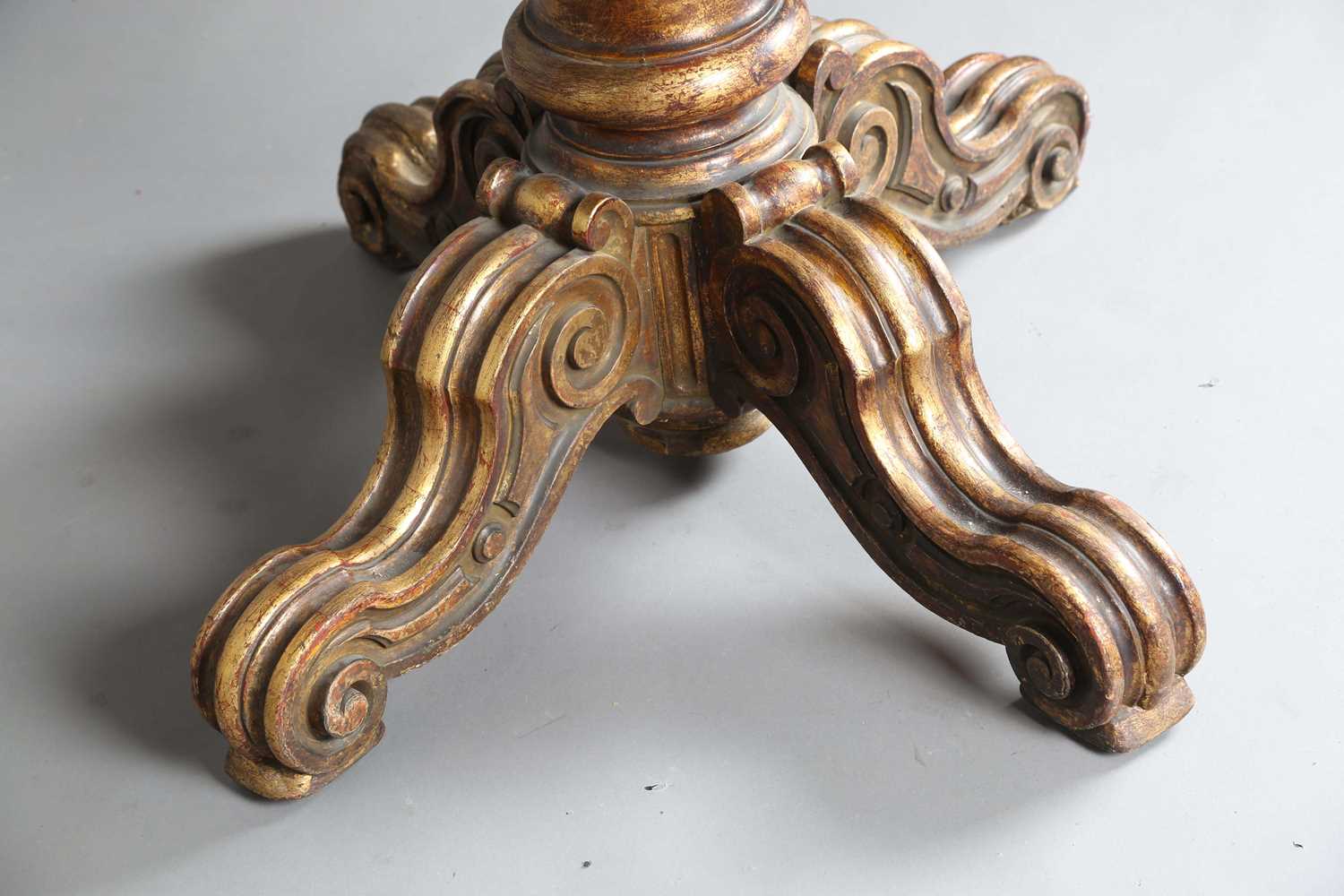 A 19th century giltwood table base with a later removable top, the base carved with scrolling legs - Image 7 of 10