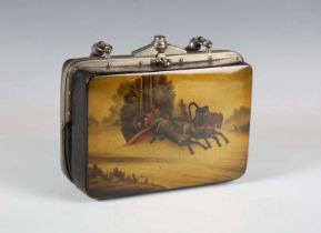 A late 19th century Russian papier-mâché and leather handbag, one side painted with a horse-driven