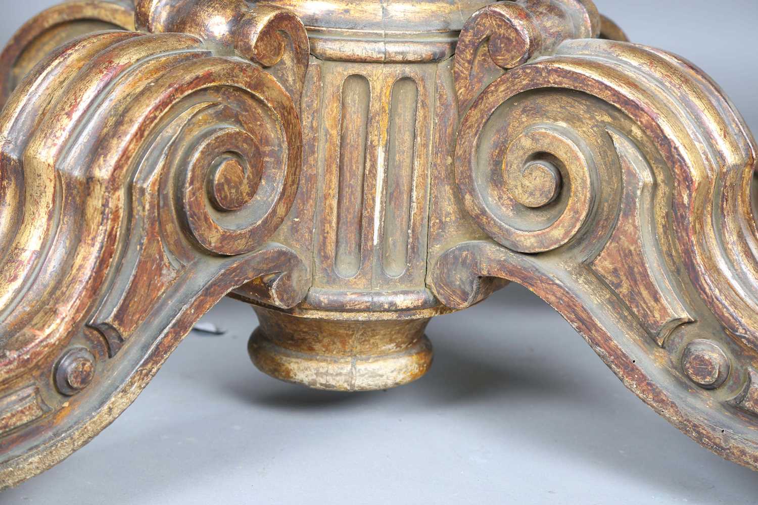 A 19th century giltwood table base with a later removable top, the base carved with scrolling legs - Image 5 of 10