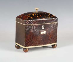 A Regency tortoiseshell and ivory mounted tea caddy, the domed lid enclosing a twin-lidded interior,