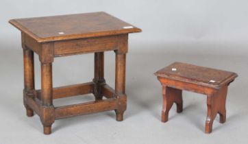 A 20th century oak joint stool, height 40cm, width 43cm, together with an early 20th century