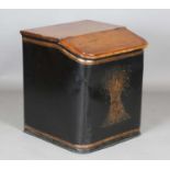 A 19th century tole painted tin box with hinged mahogany top and a painted corn sheath to the front,