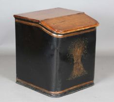 A 19th century tole painted tin box with hinged mahogany top and a painted corn sheath to the front,