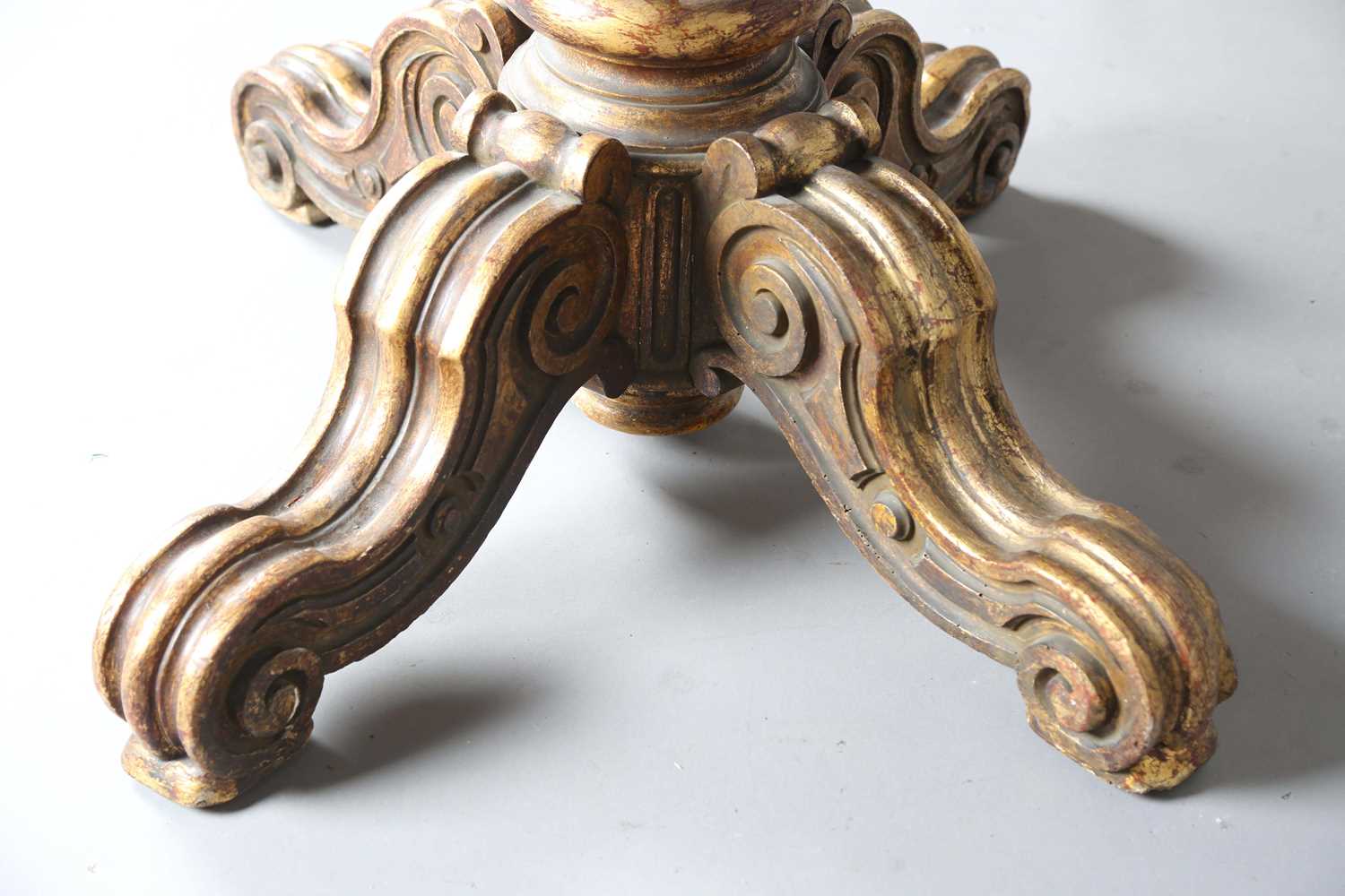 A 19th century giltwood table base with a later removable top, the base carved with scrolling legs - Image 9 of 10