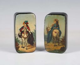 Two similar mid-19th century papier-mâché snuff boxes, each lid painted with an amusing trompe l'