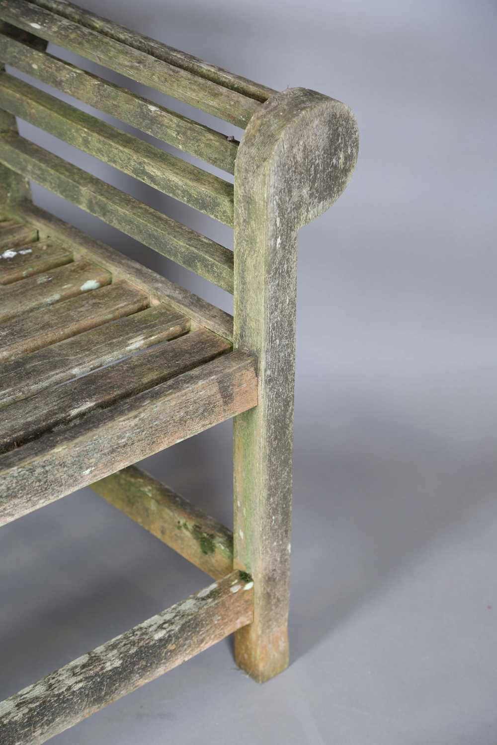 A large late 20th century Lutyens design wooden slatted garden bench, height 104cm, width 227cm, - Image 8 of 10