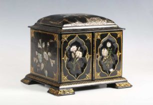 A mid-Victorian papier-mâché table-top needlework cabinet with inlaid mother-of-pearl and gilt