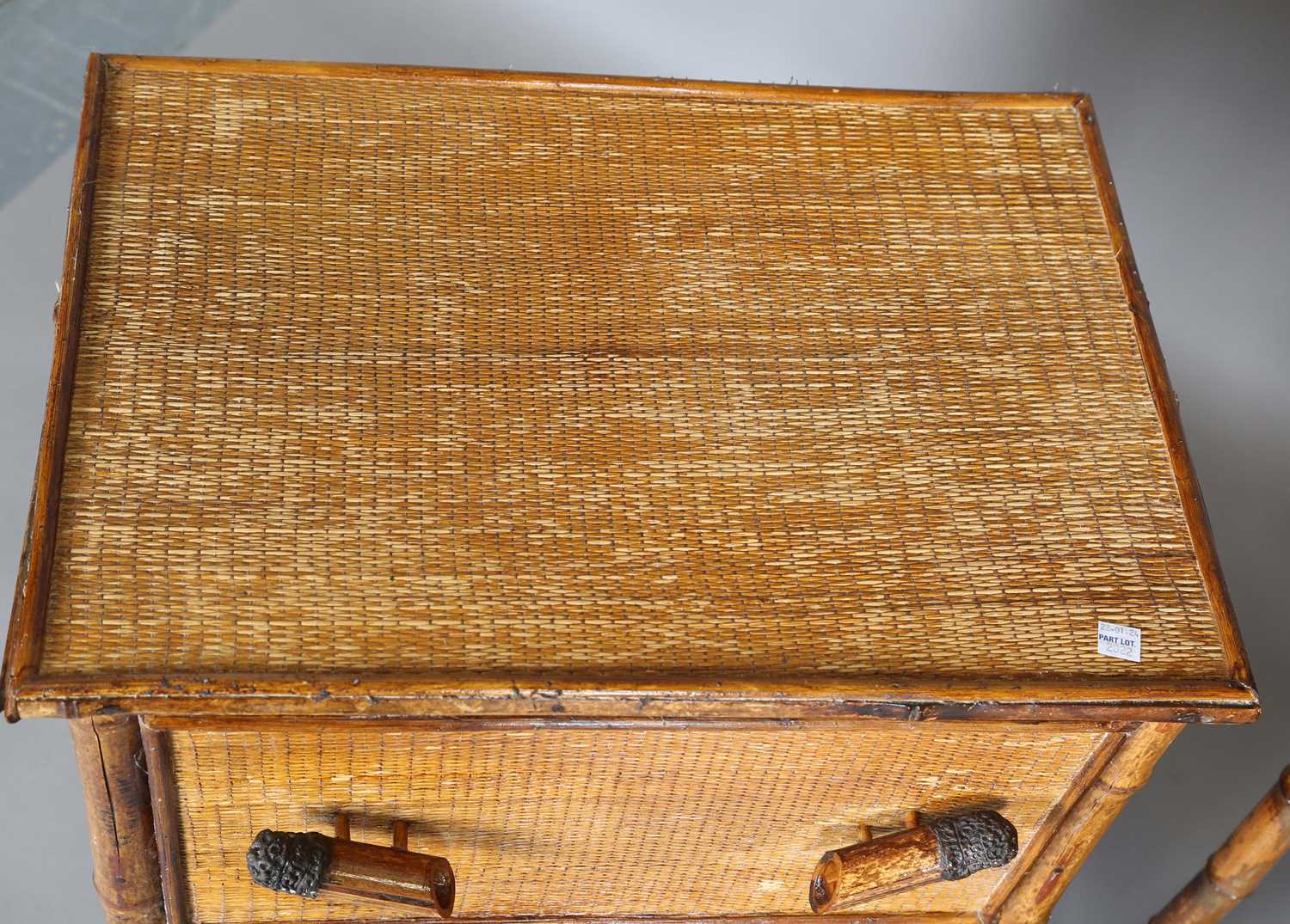 A late 19th century French bamboo and woven rattan bedside cabinet, height 88cm, width 38cm, - Image 2 of 16