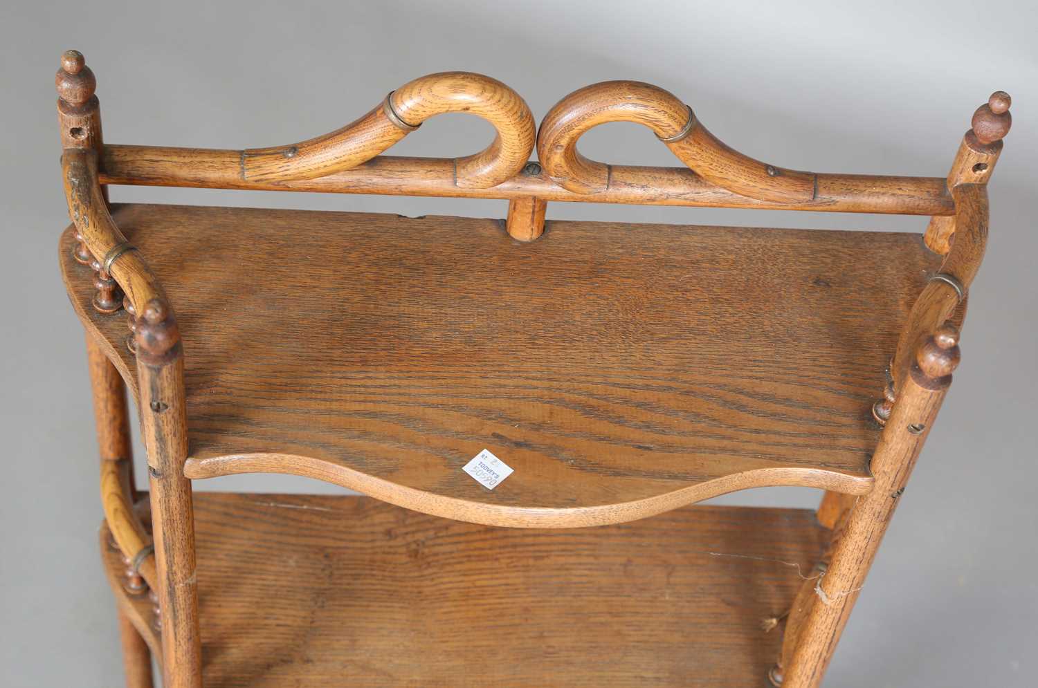 An early 20th century ash and bentwood three-tier wall shelf with applied gilt metal mounts, - Image 2 of 7