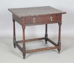 A Charles II oak side table, fitted with a single drawer, on turned legs, height 65cm, width 72cm,
