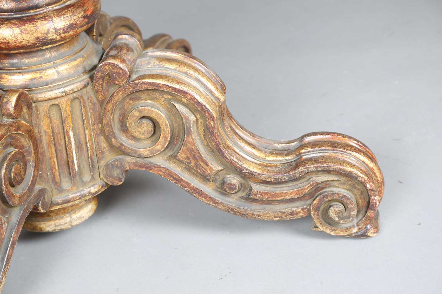 A 19th century giltwood table base with a later removable top, the base carved with scrolling legs - Image 3 of 10