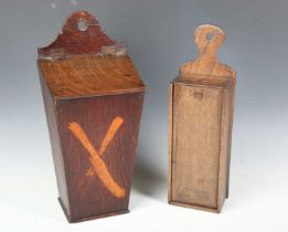 A late 18th/early 19th century provincial oak cutlery box, the front inlaid with a crossed knife and